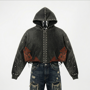 Sudadera con capucha de algodón pesado lavado estilo vintage para hombre, con bordado personalizado de perlas, estilo urbano, con cremallera, manga larga, estampado de estrellas, estilo moderno. - Product Image 5