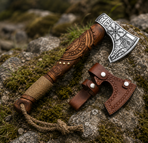 Hacha de Estilo Vikingo de Acero Inoxidable Personalizada, Hacha con Barba, Hacha Tomahawk de Madera de Palisandro, Funda de Cuero Premium - Product Image 1