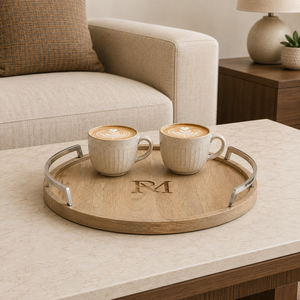 Luxury Round Wooden Serving Tray with Metal Handles | Premium Decorative Coffee <b>Table</b> Tray for Home Hotel Restaurant Serving Use - Product Image 3