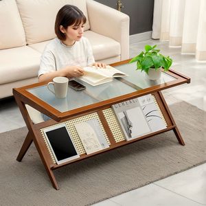 Tavolino da Caffè in Rattan Stile Mid-Century Moderno con Piano in Vetro per Soggiorno, Grande Tavolo Centrale Boho con Vano Portaoggetti per Arredamento Elegante - Product Image 3