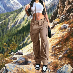 Women's High Waist Cargo Pants Solid Color Loose Fit Canvas Streetwear <b>Trousers</b> <b>With</b> <b>Pockets</b> Drawstring Closure Full Length - Product Image 5