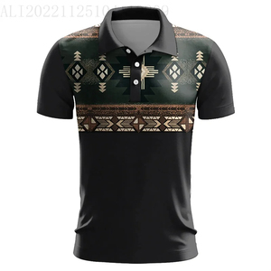 Chemise unisexe noire à imprimé géométrique style hawaïen, manches courtes, col rabattu, imprimé par transfert thermique, respirante et anti-humidité - Product Image 1