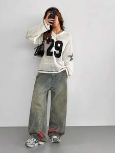 Haut en jersey tricoté surdimensionné à manches longues, respirant, avec motif numérique, style streetwear décontracté, faible MOQ, vente en gros OEM - Product Image 3