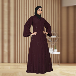 Abaya Islámica Modesta de Tela Nida con Delicado Adorno Floral de Cristal, Silueta Evase, Vestido de Oración Largo para Mujer - Product Image 4