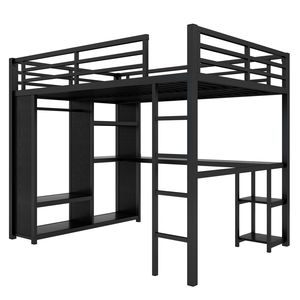 Letto a soppalco matrimoniale in metallo con armadio integrato e scrivania, mensole portaoggetti nere, set camera da letto - Product Image 5