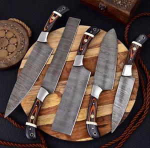 เหล็กดามัสกัสคุณภาพสูง ผลิตด้วยมือโดย Steel Craft International ชุดมีดเชฟ 5 ชิ้น ด้ามจับแบบกำหนดเอง พร้อมซองหนัง ขอบใบมีดหยัก - Product Image 2