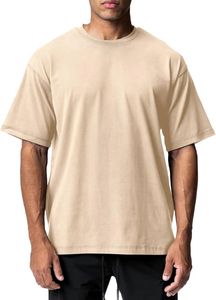 T-shirt pour homme beige à col rond et manches courtes, 100 % coton, coupe classique, jersey décontracté, couleur unie, design simple - Product Image 5