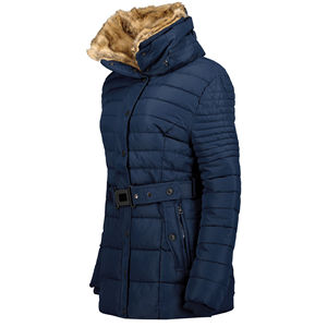 Navy Blue Puffer <b>Jacket</b> With <b>Fur</b> <b>Hood</b> Belted Waist Windproof Waterproof Winter Coat Women's Casual Style Slim Fit - Product Image 3