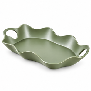 Plateau de service ondulé en aluminium vert sauge avec poignées pour les collations et les fruits |   Plateau décoratif moderne pour la maison, les dîners, les fêtes et les cadeaux - Product Image 1