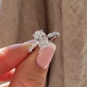 Oval Lab Grown Diamond Engagement Ring 1.5Ct 10k Solid Gold Marquise Side <b>Cluster</b> Pave Band Solitaire Anniversary IGI Certified - Product Image 4