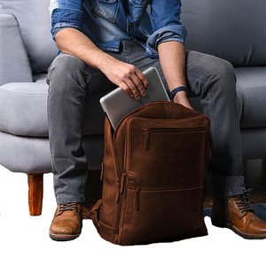 Unisex Luxury Portable Genuine Leather Laptop <b>Backpack</b> 20-39L Capacity Stylish Panelled Canvas Lining Comfortable Zipper Closure - Product Image 1