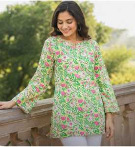 Haut court en coton pur imprimé floral indien à col halter pour femme, tunique décontractée d'été à motifs imprimés à la main, vêtement féminin - Product Image 2