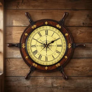 Nautical Wooden Ship Wheel <b>Wall</b> <b>Clock</b> with Compass Design Round Decorative <b>Clock</b> for Home Decor Living Room Bedroom - Product Image 5