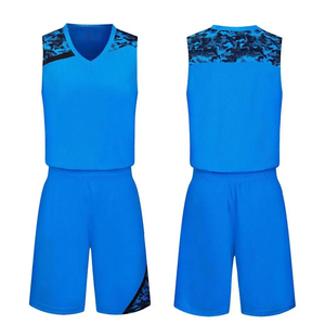 Uniforme de basket-ball pour hommes, débardeur bleu sans manches avec imprimé camouflage, short à taille élastique, polyester respirant, athlétique - Product Image 1