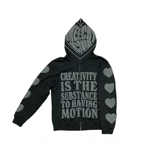Sweat à capuche zippé Tech Club pour homme, coupe oversize, noir et gris, motif cœur, streetwear, respirant, tricoté, style automne - Product Image 2