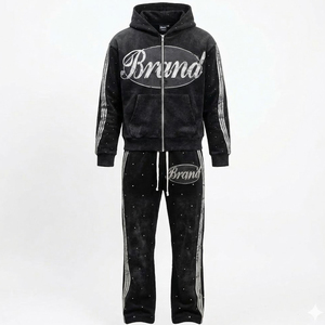 Custom Logo <b>Men's</b> Tracksuit Streetwear Y2K Vintage Rhinestone <b>Studded</b> Zip Up Hoodie Flare Pants Heavyweight Fleece Two Piece Set - Product Image 6