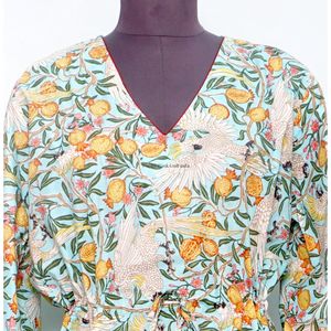 Nouvelle robe décontractée pour femme, imprimée à la main, à manches bouffantes, col en V, grande taille, silhouette droite, longueur cheville, taille naturelle - Product Image 3