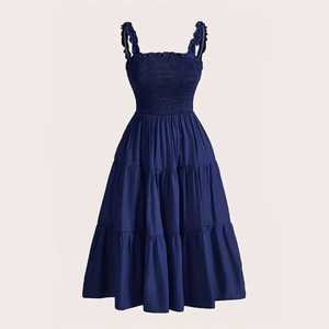 Women's Smocked Ruffle Strap Tiered Midi <b>Dress</b> Square Neck <b>Elastic</b> Waist Sundress Summer Casual A-Line <b>Dress</b> - Product Image 5