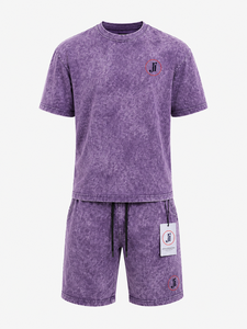 Men Acid Wash Summer <b>Set</b> Lightweight Breathable Two Piece Apparel Vintage Style Short Sleeve Shirt And Comfortable Shorts - Product Image 1