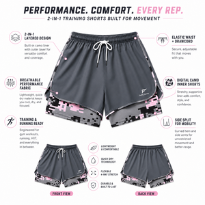 Pantalones cortos de running 2 en 1 para mujer, color gris carbón, con forro interior estampado, dobladillo dividido, cordón ajustable, ropa deportiva personalizada, pantalones cortos de gimnasio al por mayor - Product Image 4
