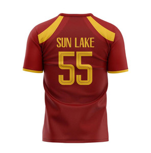 Camiseta de Fútbol Sublimada con Cuello en V Roja y Amarilla para Hombre Sun Lake, Manga Corta, Secado Rápido, Poliéster, Ropa Deportiva para Adultos - Product Image 2