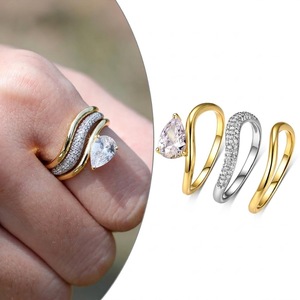 Luxury 14K/18K Solid Gold 925 Silver Three Wavy <b>Stacking</b> <b>Rings</b> 0.75ct Pear Cut Lab Grown Diamond Curved Wedding Band Bridal Set - Product Image 2