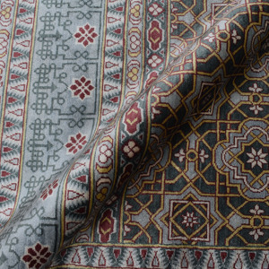 Tapis en laine et soie noué à la main, bleu ardoise et rayures géométriques dorées, 10' x 14', à poils ras, pour salon - Product Image 6