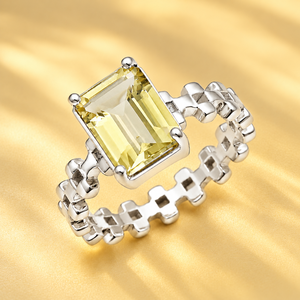 Lemon Quartz 925 Sterling Silver <b>Ring</b> – <b>Emerald</b> Cut Gemstone with Checkerboard Link <b>Band</b> - Product Image 2
