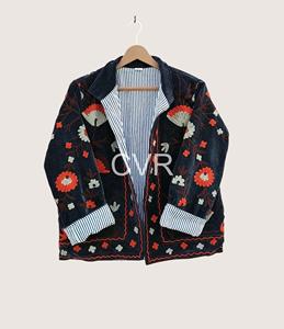 Manteau en velours pour femmes grandes tailles, col mandarin, manches longues, broderie florale à la main, style chinois, vêtements d'extérieur d'automne - Product Image 3