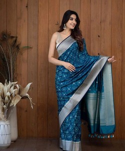Traditional Blue Silk Saree With Silver Border And Tassels For Wedding Wear Indian Pakistani Ethnic Dress Women <b>Floor</b> Length - Product Image 3