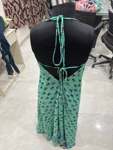 Premium Quality <b>Backless</b> <b>Halter</b> Neck Green Leaf Print Western <b>Dress</b> Sleeveless Plunge V Neck Ankle Length Bohemian Summer Wear - Product Image 3