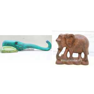 Escultura de cabeza de elefante de madera pintada vintage modelo 1 - Product Image 1