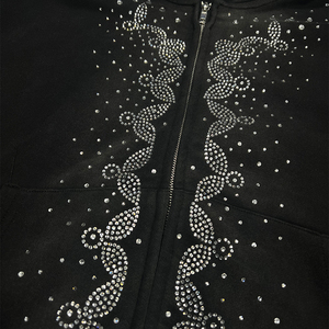 Sweat-shirt à capuche personnalisé avec strass pour homme, style streetwear oversize, fermeture éclair, noir - Product Image 6