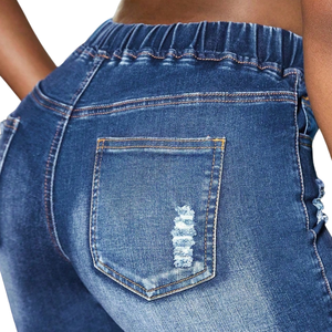 Women's Summer Casual Cute Blue Denim Shorts <b>Elastic</b> Mid <b>Waist</b> Drawstring Ripped Distressed Raw Hem Streetwear Fashion Daily - Product Image 4
