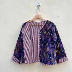 Veste matelassée en velours à imprimé feuilles bleues, veste courte réversible en coton, veste d'hiver style kimono en velours imprimé indien pour femmes - Product Image 1