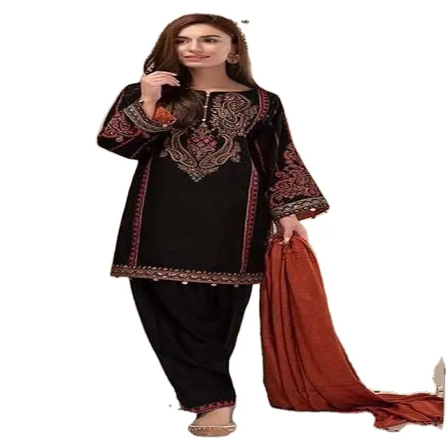 パキスタン卸売ReadyMade salwar kameezオーバーフロントサイド刺繍 & プリントリネンデュパッタ女性用