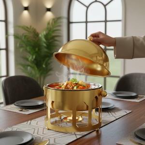 Luxury Arabic Round Chafing Dish Hanging <b>Soup</b> Pot Tall Rod Metal Frame Wooden Base Ramadan Buffet Server Single Unit - Product Image 3