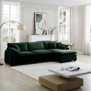 Divano Sezionale a L a 3 Posti Oversize in Velluto a Coste Verde con Pouf, Arredamento per Soggiorno con Un Poggiapiedi per Camere da Letto - Product Image 3