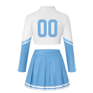 Ensemble uniforme de cheerleading sublimé bleu clair et blanc à manches longues avec jupe plissée pour l'entraînement et la performance des équipes sportives - Product Image 3