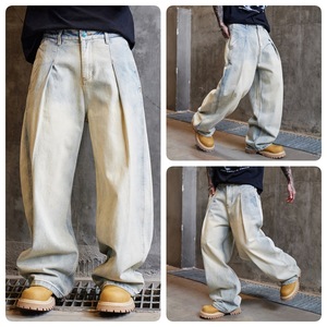 Pantalon en jean 100 % coton pour homme, poids moyen, décontracté, délavé, bleu, taille élastique, braguette boutonnée, options rayures blanches, noires, vertes - Product Image 2