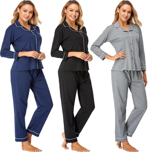 Ensemble de pyjama en jersey pour femmes, 100% coton, basique, hiver, uni, OEM, taille élastique, doux, respirant, manches longues, confortable - Product Image 4