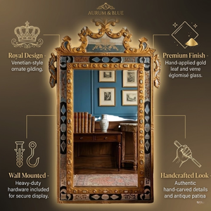 Espejo de Pared Barroco Veneciano de Lujo de 60x36 Pulgadas con Corona Ornamentada y Marco con Incrustaciones de Oro Antiguo |   Espejo Vintage para Decoración del Hogar - Product Image 5