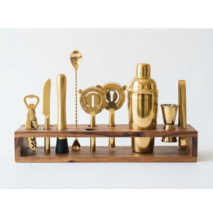 Ensemble d'outils de bar à cocktails en acier inoxydable avec support en bois, kit de barman moderne pour la préparation de cocktails, articles de bar pour les fêtes - Product Image 5