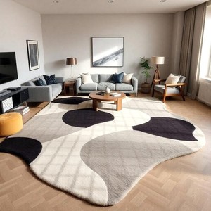 Tapis en laine tufté à la main, moderne, neutre, organique, abstrait, antidérapant, de forme irrégulière, pour salon, chambre, décoration intérieure - Product Image 1