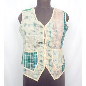 New Arrival Indian Handmade Knitted Cotton Patchwork Multicolor <b>Kantha</b> Vintage Short Breathable Eco-Friendly Button Women's Vest - Product Image 1