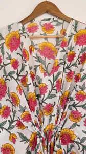 Boho Yellow Floral Handprint Kaftan Dress With <b>Tie</b> <b>Back</b> Loose Fit Short Sleeve Cotton Beach Cover-Up - Product Image 5
