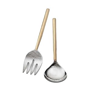 Elegante Servidor de Ensalada Decorativo de Acero Inoxidable Plateado con Mango Largo de Latón Hecho a Mano, Juego de Cubertería para Ensalada - Product Image 1
