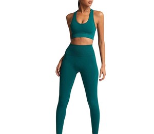 Ensembles de yoga pour femmes de haute qualité, respirants, en tissu personnalisé, sans couture, taille haute, élastique, écologiques, grandes tailles, 2 pièces, couleur unie - Product Image 1