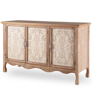 Hand-Carved 3-Door Floral Mandala Pattern Solid Wood Sideboard <b>Cabinet</b> Natural Finish for Home Furniture Living Room Entryway - Product Image 5