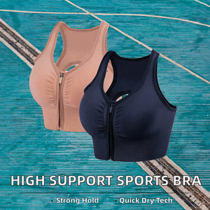 Sujetador deportivo para mujer con cremallera frontal, espalda cruzada, cuello redondo, malla transpirable, alto soporte, yoga, fitness, sin costuras, color liso - Product Image 5
